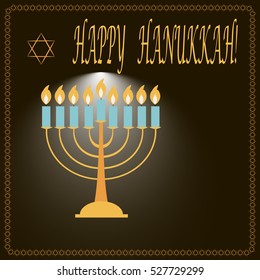 Happy Hanukkah card on a brown background