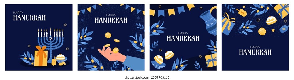 Happy Hanukkah card set. Collection of traditional jewish holiday greeting card design with hanukkah congratulation. Flat vector illustrations for Social Media.