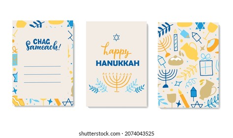 Happy Hanukkah card. Set of three cards with handwritten text and Jewish holiday symbols drawing in doodle style: menorah, wreath, candles, donuts, David star, gifts, dreidel, oil. Vector illustration