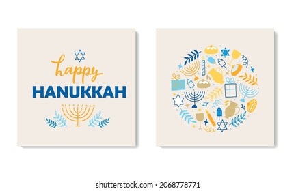 Happy Hanukkah card. Set of two cards with handwritten text and Jewish holiday symbols drawing in doodle style - menorah, wreath, candles, donuts, David star, gifts, dreidel, oil. Vector illustration