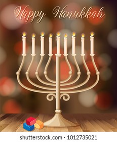 Happy Hanukkah card template with candleholder with lights illustration