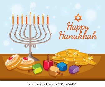 Happy Hanukkah card template with candles and coins illustration