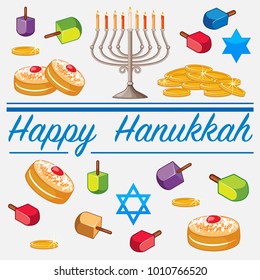 Happy Hanukkah card template with food and candles illustration