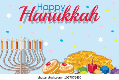 Happy Hanukkah card template with gold and lights illustration