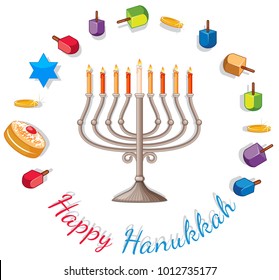 Happy Hanukkah card template with lights and decorations illustration