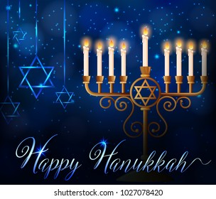 Plantilla de tarjeta Hanukkah feliz con luces en palos e ilustración de símbolo de estrella Vector de stock