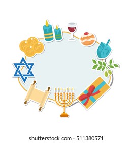 Happy Hanukkah card, template for text, frame. Hanukkah is a Jewish holiday. Greeting Card with Menorah, Sufganiyot, Dreidel. Vector illustration