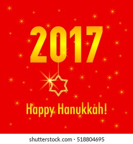 Happy Hanukkah card template with text 2017. Jewish holiday vector illustration. Happy Hanukkah greeting card with Jewish star on red background. 