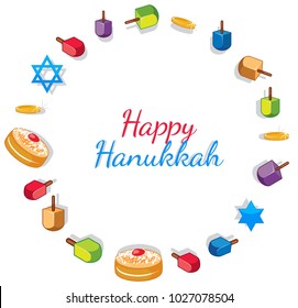 Feliz planilla de tarjeta Hanukkah con juguetes y ilustración de donuts Vector de stock