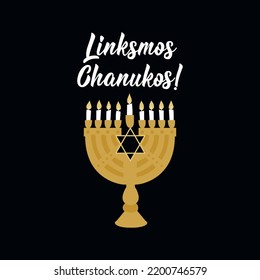 Happy Hanukkah card. Translation from Lithuanian: Happy Hanukkah. Holidays lettering. Vector illustration.