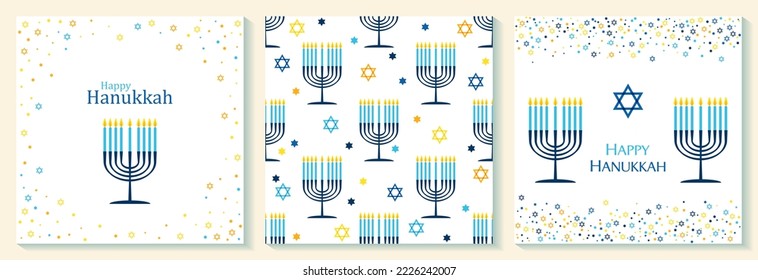 Happy Hanukkah cards. Jewish holiday Hanukkah backgrounds with David star and candle menorah patterns, traditional candelabra menorah and candles. Star of David seamless patterns.