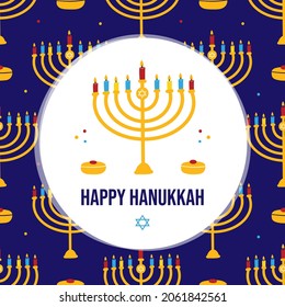 Happy Hanukkah cartoon style greeting card, vector illustration with menorah with nine colorful lighting candles and sufganiyot seamless pattern background.