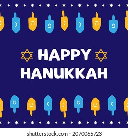 Happy Hanukkah cartoon style greeting card, vector illustration with  david stars and dreidel borders.
