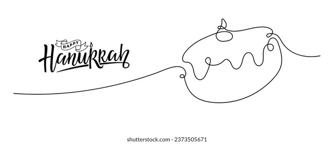 Happy Hanukkah celebration banner. Continuous one line drawing Hanukkah bakery doughnut with handwritten calligraphy lettering. Pastry donut with jam, sweet food for bakery, cafe menu by one line. 