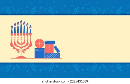 Happy Hanukkah Celebration Banner Design With Lit Candelabra, Gift Boxes On White And Blue Leaves Background.