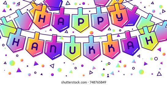 Happy Hanukkah celebration banner with holiday objects.