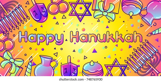 Happy Hanukkah celebration banner with holiday objects.