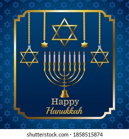 happy hanukkah celebration card with candelabrum and stars in square frame vector illustration design