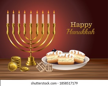 happy hanukkah celebration card with candelabrum and food vector illustration design