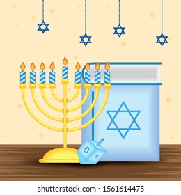 happy hanukkah celebration card with chandelier and koran vector illustration design