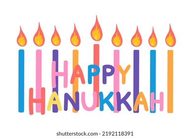 Happy Hanukkah celebration card. Colorful candles with flame and text isolated on white background. Vector illustration in flat cartoon style 