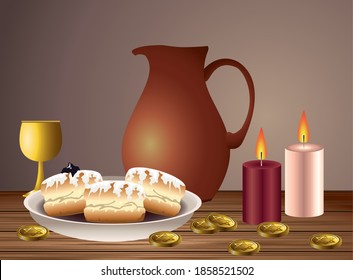 happy hanukkah celebration card with food and candles vector illustration design