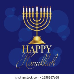 happy hanukkah celebration card with golden chandelier and lettering vector illustration design