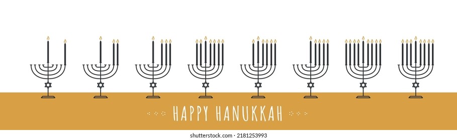 Happy Hanukkah celebration card. Hanukkiah line icon set. Jewish Religion Holiday. Candleholders silhouette isolated white background. Vector illustration