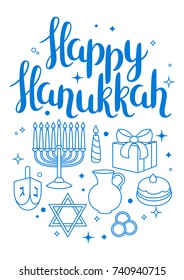 Happy Hanukkah celebration card with holiday objects.
