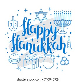 Happy Hanukkah celebration card with holiday objects.