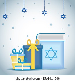 happy hanukkah celebration card with koran and gifts vector illustration design
