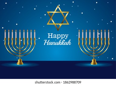 happy hanukkah celebration card with star and chandeliers vector illustration design