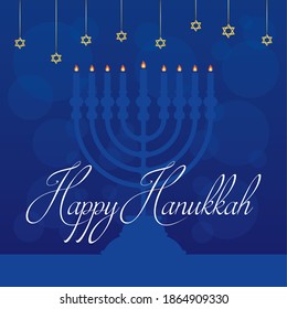 happy hanukkah celebration card with stars hanging in blue background vector illustration design