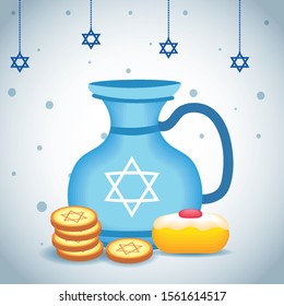 happy hanukkah celebration card with teapot and food sweet vector illustration design