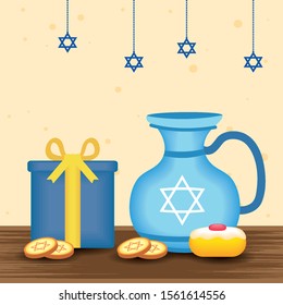 happy hanukkah celebration card with teapot and food sweet vector illustration design