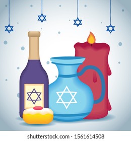 happy hanukkah celebration card with wine bottle and teapot vector illustration