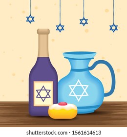 happy hanukkah celebration card with wine bottle and teapot vector illustration