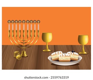 happy hanukkah celebration with chandelier and donuts in wooden table vector illustration