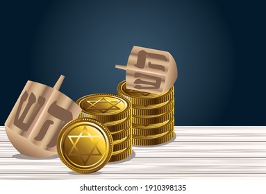 happy hanukkah celebration with dreidels and coins vector illustration design