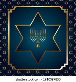 happy hanukkah celebration with golden candelabra and stars in square frame vector illustration design