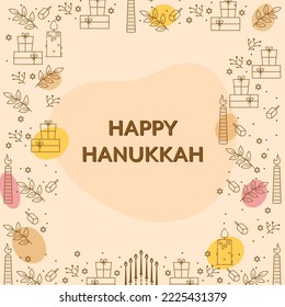 Happy Hanukkah Celebration Greeting Card With Doodle Festival Elements Decorated On Beige Background.