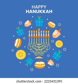 Happy Hanukkah Celebration Greeting Card With Festival Elements Decorated On Blue Background.