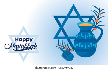 happy hanukkah celebration with jewish star and teapot vector illustration design