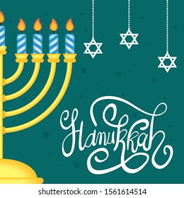 happy hanukkah celebration lettering with chandelier vector illustration design