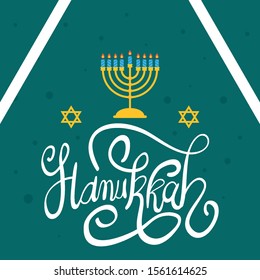 happy hanukkah celebration lettering with chandelier vector illustration design