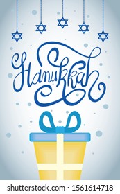 happy hanukkah celebration lettering with gift and stars hanging vector illustration