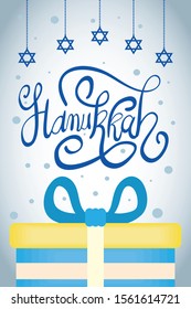 happy hanukkah celebration lettering with gift and stars hanging vector illustration