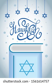 happy hanukkah celebration lettering with sacred book vector illustration design