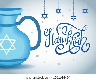 happy hanukkah celebration lettering with teapot vector illustration design