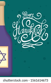 happy hanukkah celebration lettering with wine bottle vector illustration design